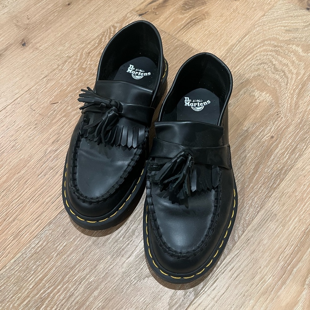 Dr. Martens Black Leather Tassel Kiltie Loafers with Yellow Stitching